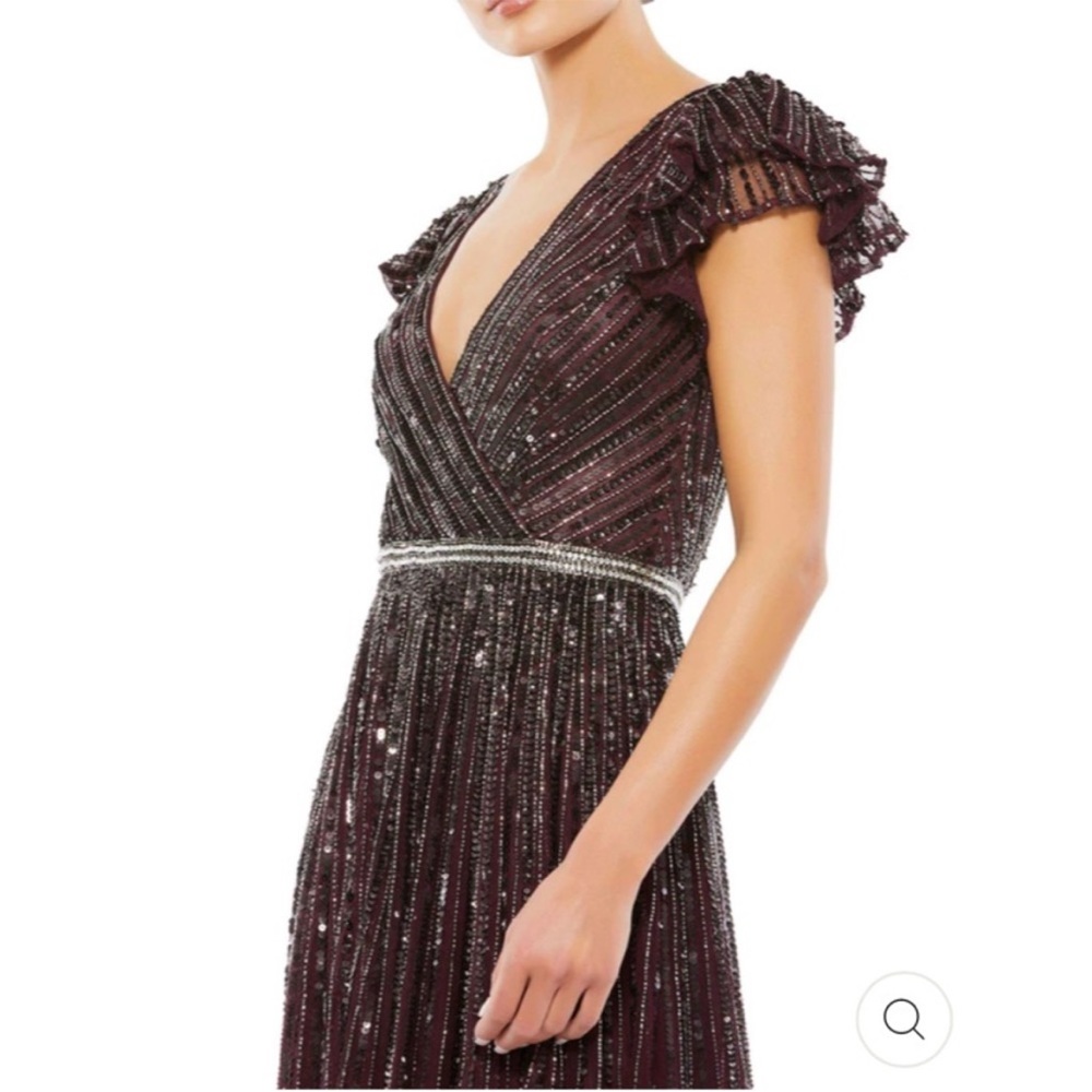 Mac Duggal sequined wrap over ruffle sleeve gown plus size